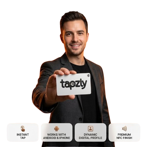 Hold up your Tapzly card for instant tap, works with Android and iPhone, dynamic digital profile, premium NFC finish